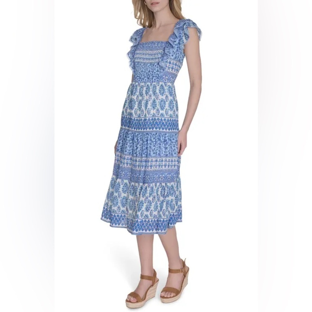 eliza j blue ruffle dress Sleeve Midi in White at Nordstrom, Size 16 Size:EU38 and every toast backorder-04-15-25 A deep sapphire blue